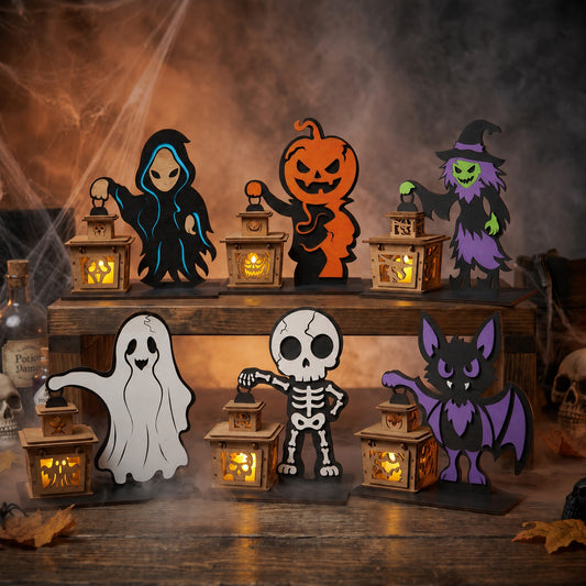 3D Halloween Character Lantern Tea Light Holder Cute Ghost Witch Skeleton Pumpkin Bundle Laser Cut Vector Design for Glowforge Table Decor