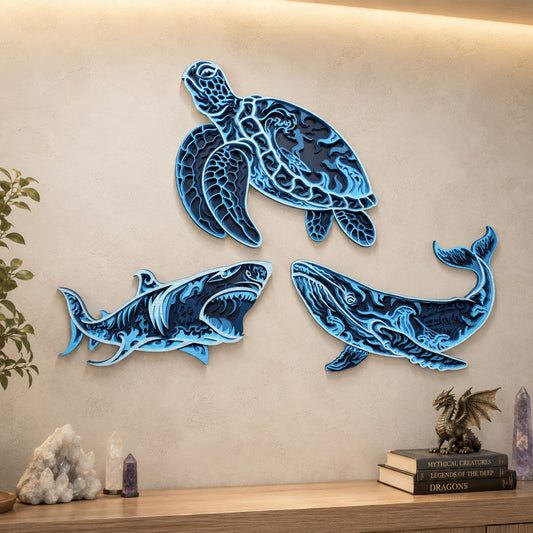 SVG DXF File Multilayer Ocean Animals Bundle Laser Cut 3D Sea Turtle Shark Whale Vector Design for Glowforge Wall Art | CUTSVG.COM