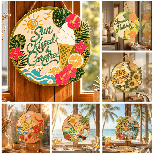 Summer Holiday Door Sign SVG | Tropical Citrus Welcome Sign Laser Cut File | Layered Summer Wreath SVG | Hibiscus Lemon Door Hanger | Glowforge xTool CNC SVG