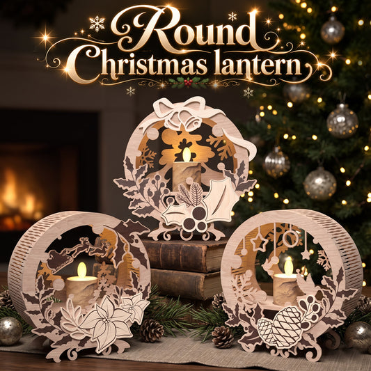 Round Christmas lantern laser cut bundle, 3D wooden candle holder, Santa sleigh holiday table decor, 3 designs, digital download