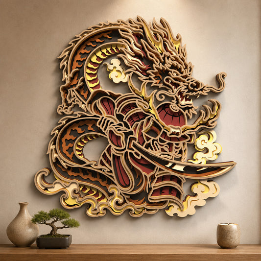 SVG DXF File Multilayer Dragon Samurai Laser Cut 3D Chinese Dragon Design for Glowforge Wall Art | CUTSVG.COM