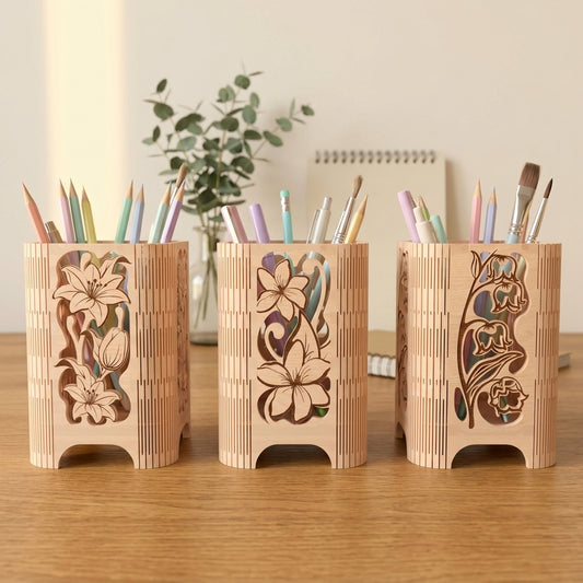 Floral Wooden Pen Holder SVG | Lily Flower Desk Organizer Laser Cut File | Decorative Pencil Holder SVG | Office Desk Storage Box | Glowforge xTool CNC SVG