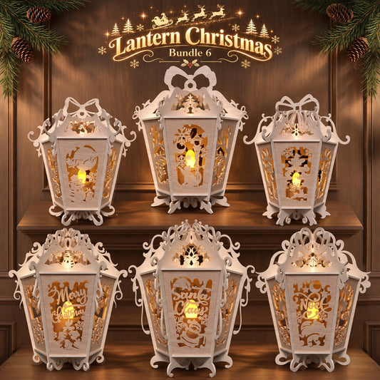 Christmas Lantern Laser Cut Bundle, 6 Ornate Wooden LED Tea Light Lantern Holiday Decor Digital Designs