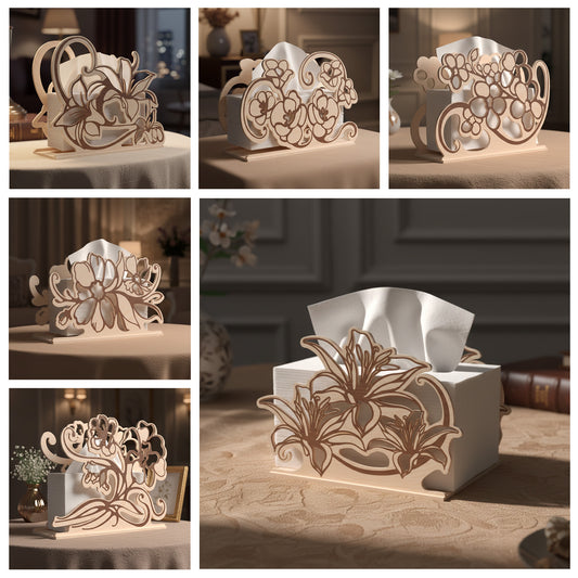 Lily Flower Tissue Box Holder SVG | Floral Tissue Box Cover Laser Cut File | Elegant Wooden Tissue Holder SVG | Layered Flower Home Decor for Glowforge, xTool & CNC