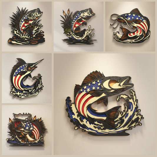 Patriotic Fishing SVG Bundle | American Flag Fish Laser Cut Files | Layered Bass, Catfish, Marlin & Fishing Decor SVG Bundle for Glowforge, xTool & CNC