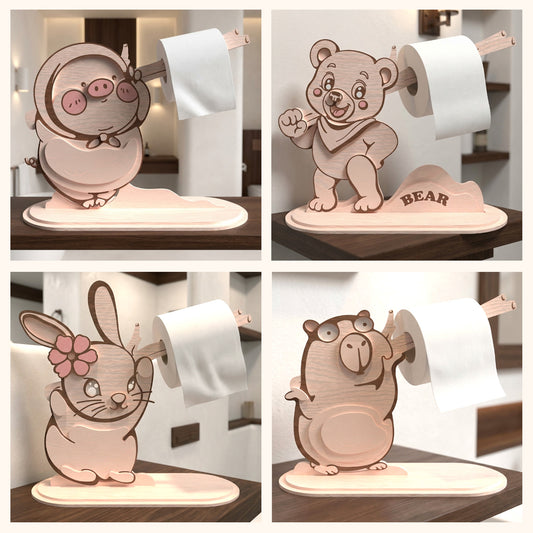 Cute Animal Toilet Paper Holder SVG Bundle | Wooden Bathroom Tissue Holder Laser Cut Files | Pig, Bear, Bunny & Hamster Toilet Roll Holder for Glowforge, xTool & CNC