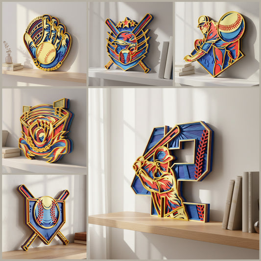 Baseball Layered SVG Bundle | Sports Wall Art Laser Cut Files | Baseball Player, Glove, Stadium & Number Sign SVG | Glowforge, xTool & CNC