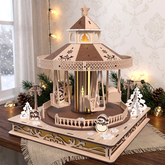 Wooden Christmas Carousel Laser Cut File, 3D Holiday Swing Ride Decor, Christmas Village Display, Digital Download