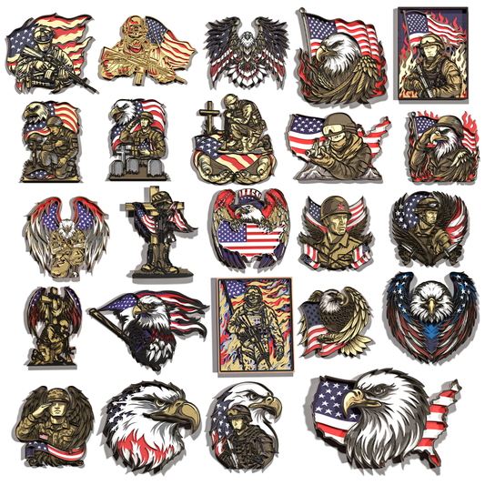 Patriotic Military & American Eagle SVG Bundle | 24 Layered Veteran, Soldier & USA Flag Laser Cut Files | Glowforge, xTool, LightBurn & CNC Bundle