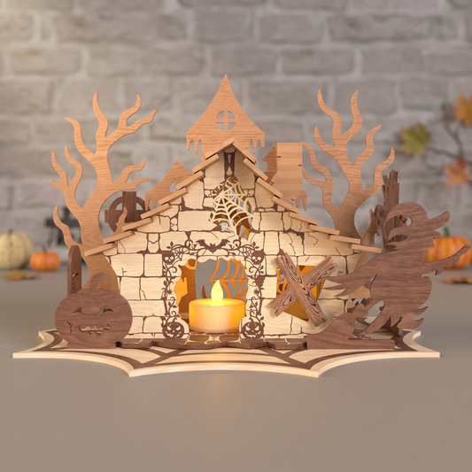 3D Halloween Witch Cabin Diorama Candle Holder Spooky Spider Web House Universal Vector Design for All Laser Cutters xTool Glowforge CNC