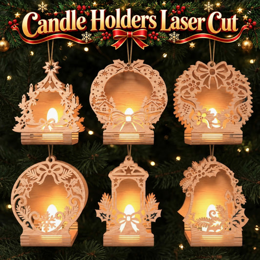 Bundle 6 Christmas Candle Holder Laser Cut Files, Wooden Tea Light Lantern Decor, Holiday Candle Stand, Digital Download