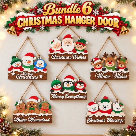 Christmas Door Hanger Bundle Laser Cut File, 6 Wooden Holiday Signs, Santa Snowman Reindeer Decor, Digital Download