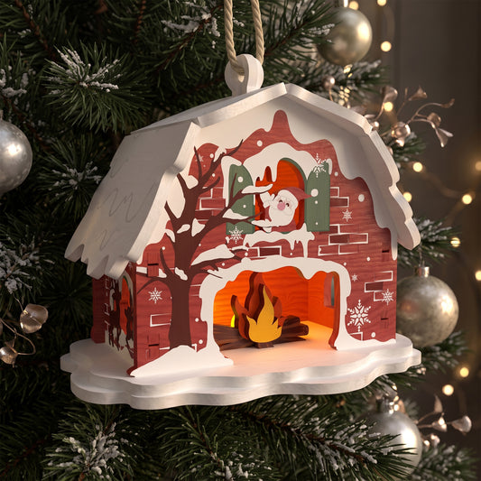 3D Christmas Cabin Hanging Ornament Santa Fireplace Light Box Universal Vector Design for All Laser Cutters xTool Glowforge CNC