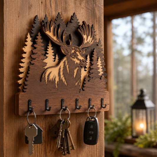 Multilayer Moose Forest Key Holder Laser Cut 3D Cabin Wall Art Design for Glowforge