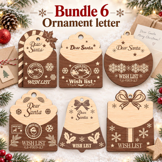 Letter to Santa Ornament Laser Cut Bundle, 6 Christmas Wish List Holder Wooden Digital Designs