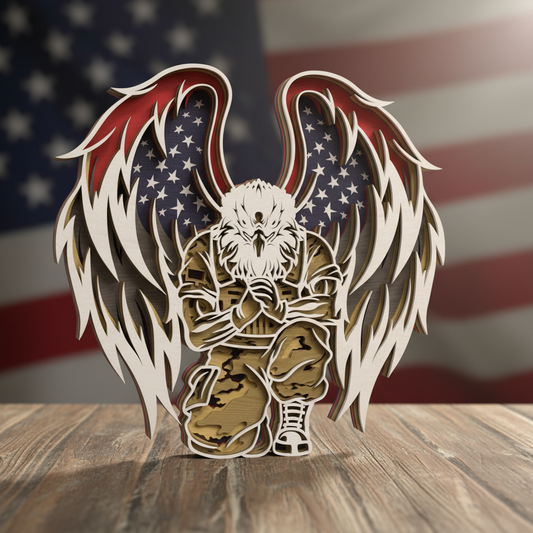 Patriotic Eagle Soldier Memorial SVG | Layered Military Tribute Wood Art Laser Cut File | Veteran Remembrance Decor for Glowforge, xTool & CNC
