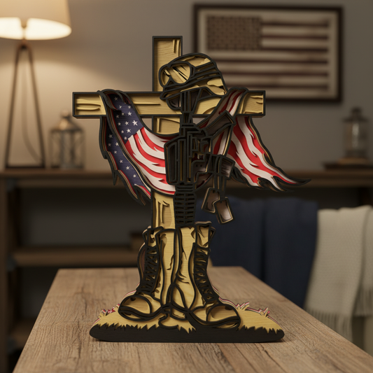 Fallen Soldier Memorial Cross SVG | Military Tribute Layered Wood Art Laser Cut File | Patriotic Veteran Memorial Decor for Glowforge, xTool & CNC