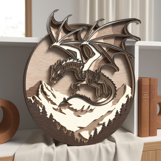 Dragon Mountain Layered SVG | Flying Dragon Mountain Scene Laser Cut File | Fantasy Dragon Wall Art SVG | 3D Wooden Dragon Decor for Glowforge, xTool & CNC