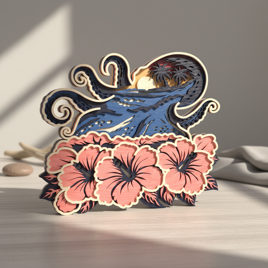 Layered Octopus SVG | Tropical Ocean Octopus Laser Cut SVG | 3D Sea Life Wooden Decor | Hibiscus Coastal Wall Art SVG | Glowforge xTool CNC SVG File