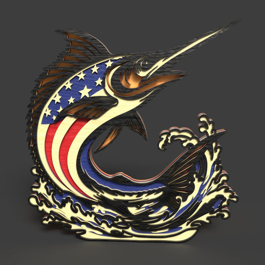 Marlin Wall Art SVG | Patriotic Marlin Layered Laser Cut File | USA Flag Fish Decor SVG | Ocean Sportsman Wood Art for Glowforge, xTool & CNC