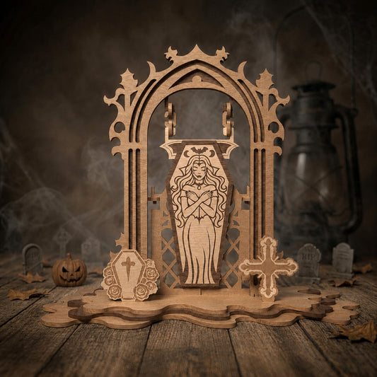 3D Halloween Vampire Coffin Hanging Gate Light Box Spooky Arch Universal Vector Design for All Laser Cutters xTool Glowforge CNC Table Decor