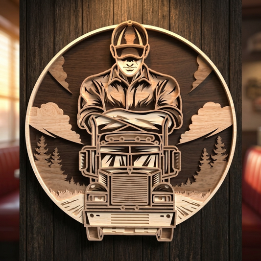 Truck Driver Layered Laser Cut SVG DXF | Semi Truck Round Wall Art File | Glowforge LightBurn Digital Download