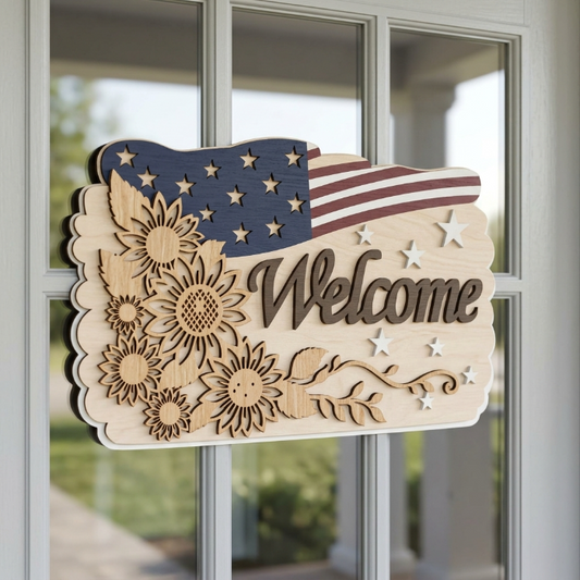Patriotic Sunflower Welcome Sign Laser Cut File | USA Flag Door Hanger SVG | Layered Wooden Welcome Decor | Independence Day CNC Pattern
