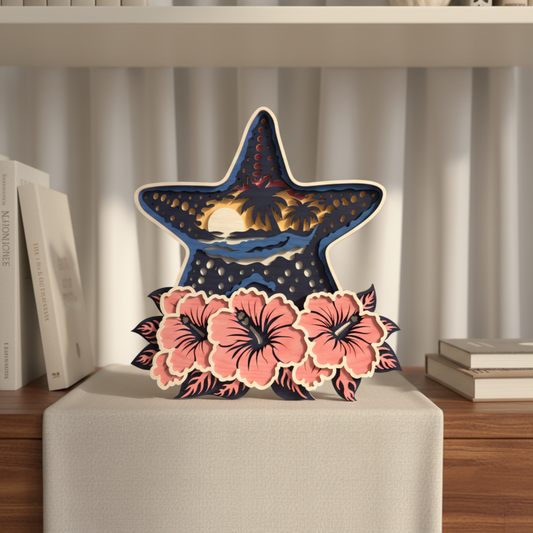 Starfish Beach SVG | Layered Tropical Ocean Starfish Laser Cut File | Hibiscus Coastal Wall Art SVG | Summer Sea Life Decor for Glowforge, xTool & CNC