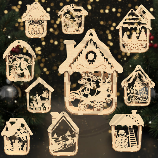 Christmas House Ornament SVG Bundle | 9 Layered Christmas Ornament Designs | Laser Cut Holiday Decoration Files for Glowforge, xTool & LightBurn