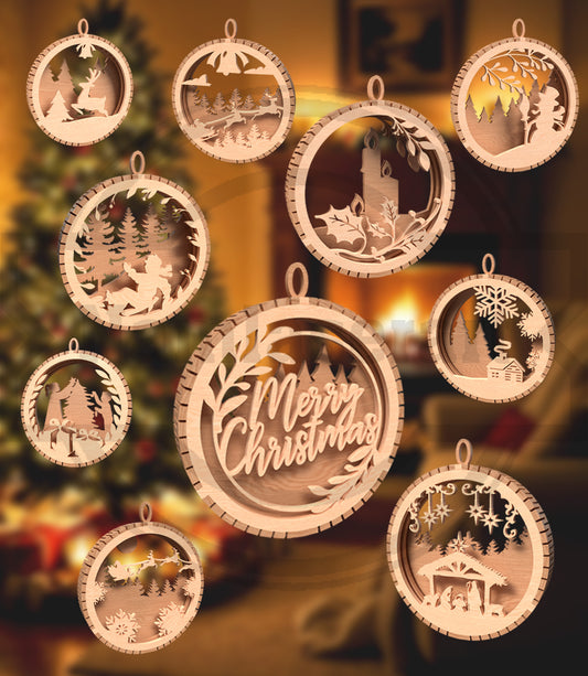 Christmas Ornament SVG Bundle | Layered Holiday Hanging Ornament Laser Cut Files | 9 Festive Designs for Glowforge & xTool