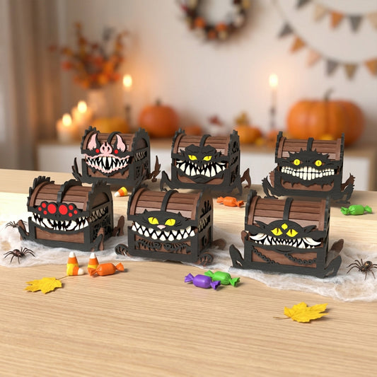 3D Halloween Monster Mimic Dice Chest Box Bundle Laser Cut Wooden Candy Holder Design for Glowforge Table Decor