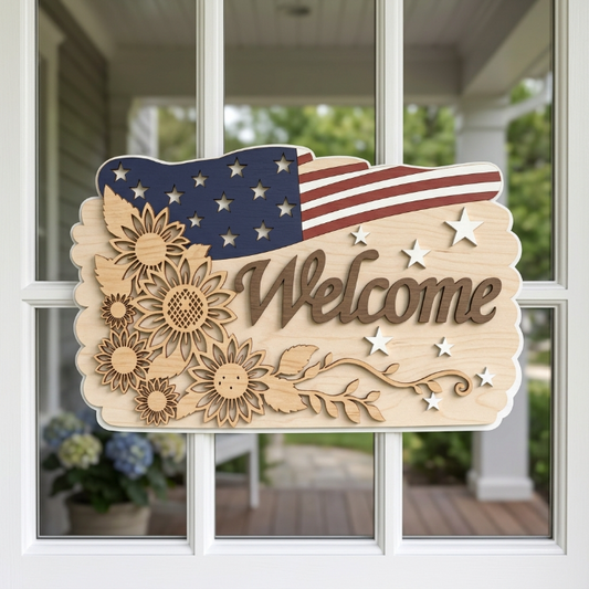 Patriotic Welcome Sign SVG | Layered Sunflower American Flag Door Hanger | Laser Cut Wood File for Glowforge | Farmhouse USA Porch Decor