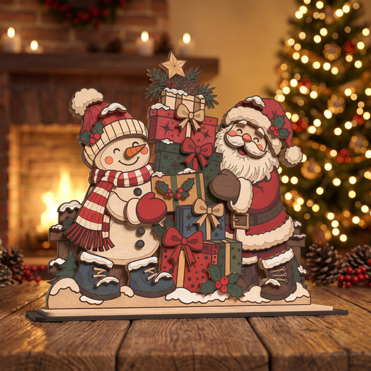 Christmas Standee Laser Cut, Santa and Snowman Gift Scene, Wooden Tabletop Holiday Decor, Digital Download