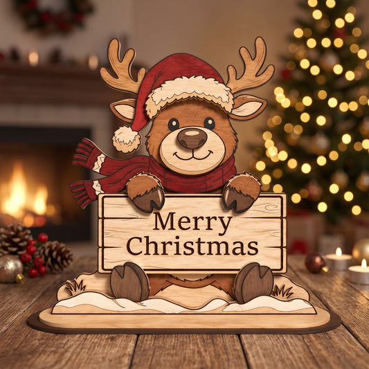 Christmas Reindeer Standee Laser Cut, Merry Christmas Wooden Tabletop Sign, Holiday Shelf Sitter, Digital Download