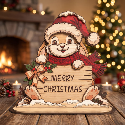 Christmas Bunny Standee Laser Cut, Merry Christmas Rabbit Tabletop Sign, Woodland Holiday Shelf Sitter, Digital Download