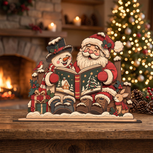 Christmas Standee Laser Cut, Santa and Snowman Reading Book, Wooden Tabletop Holiday Decor, Digital Download
