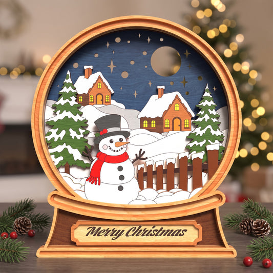 Multilayer Christmas Snow Globe Laser Cut, Snowman Winter Village Tabletop Decor, 6 Layer Wooden Holiday Scene, Digital Download