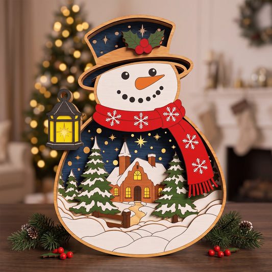 Multilayer Christmas Snowman Laser Cut, Winter Village Scene Wooden Decor, 6 Layer Holiday Sign Digital Download