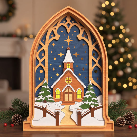 Christmas Church Scene Laser Cut Design, 6 Layer Wooden Winter Chapel, Gothic Arch Christmas Table Decor, Digital Download