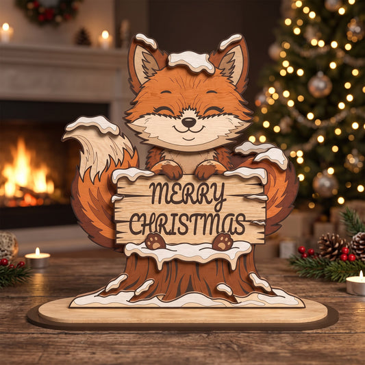 Christmas Fox Standee Laser Cut, Merry Christmas Woodland Tabletop Sign, Fox Shelf Sitter, Holiday Decor Digital Download
