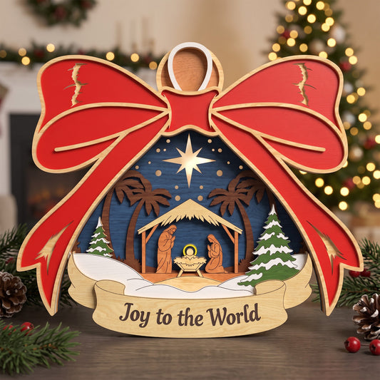 Nativity Christmas Bow Laser Cut File, 6 Layer Joy to the World Decor, Wooden Religious Holiday Ornament, Digital Download