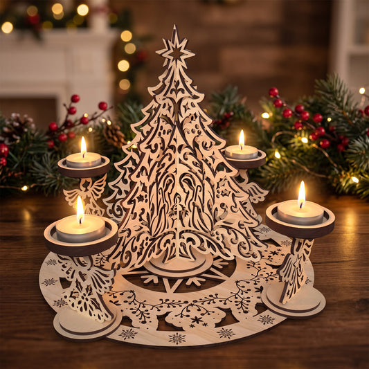 Christmas Candle Holder Laser Cut, Angel and Christmas Tree Centerpiece, Wooden Tealight Table Decor, Digital Download