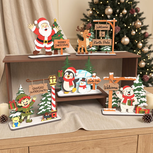 Christmas North Pole Shelf Sitter Laser Cut Bundle, 5 Santa Reindeer Elf Penguin Polar Bear Table Decor Designs