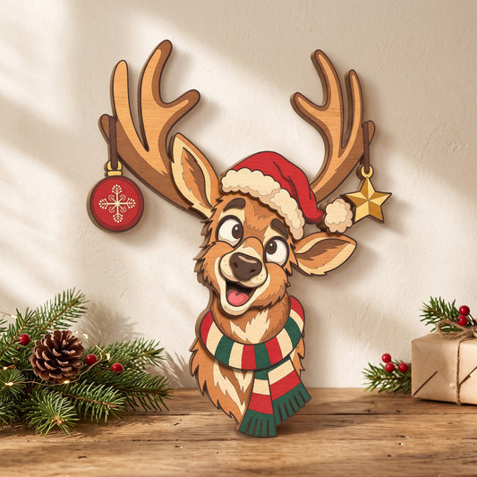 Christmas reindeer layered laser cut file, Santa hat reindeer wall decor, festive wooden Christmas craft, digital download