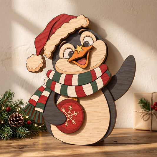 Christmas Penguin Layered Laser Cut File, Wooden Holiday Wall Decor, Cute Penguin Christmas Sign, Digital Download
