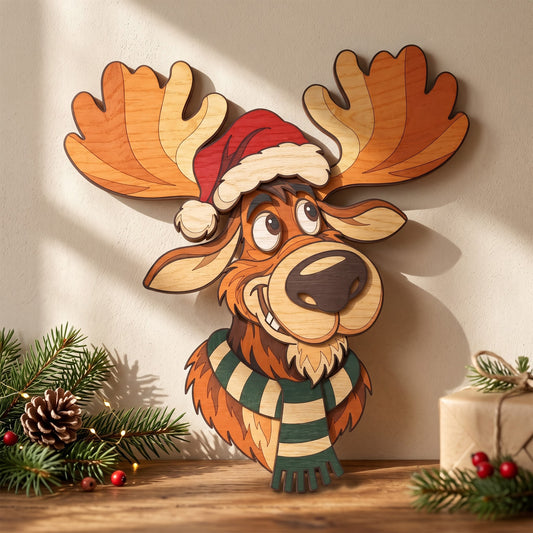 Christmas Moose Laser Cut File, Layered Wooden Moose Wall Decor, Santa Hat Holiday Sign, Christmas Animal Decor, Digital Download