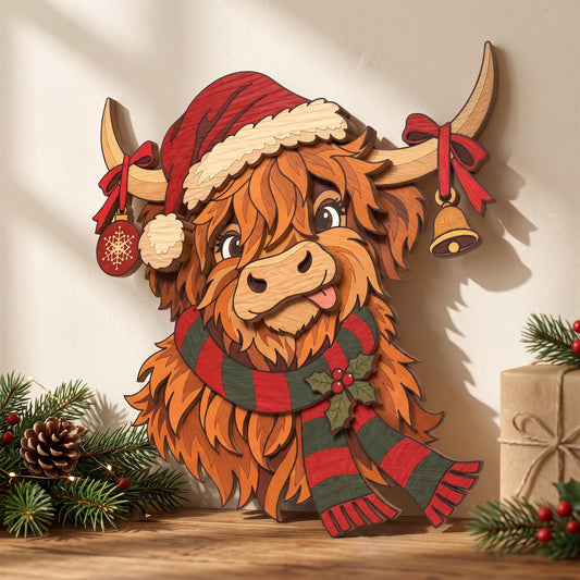 Highland Cow Christmas Laser Cut File, Layered Wooden Holiday Wall Decor, Scottish Cattle Christmas Sign, Digital Download