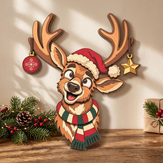 Christmas reindeer layered laser cut file, Santa hat reindeer wall decor, festive wooden Christmas craft, digital download