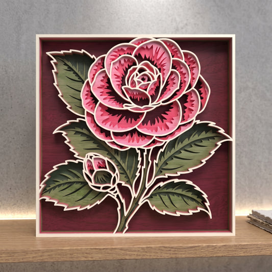 Multilayer Rose Flower Wall Art 3D Camellia Floral Layered Plaque Universal Vector Design for All Laser Cutters xTool Glowforge CNC