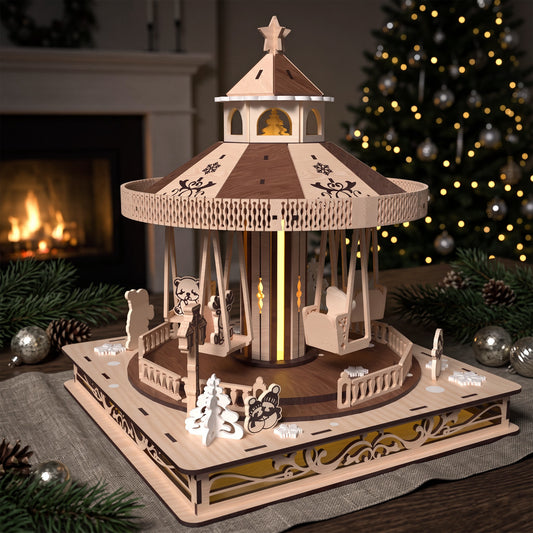 Wooden Christmas Carousel Laser Cut File, 3D Holiday Swing Ride Decor, Christmas Village Display, Digital Download